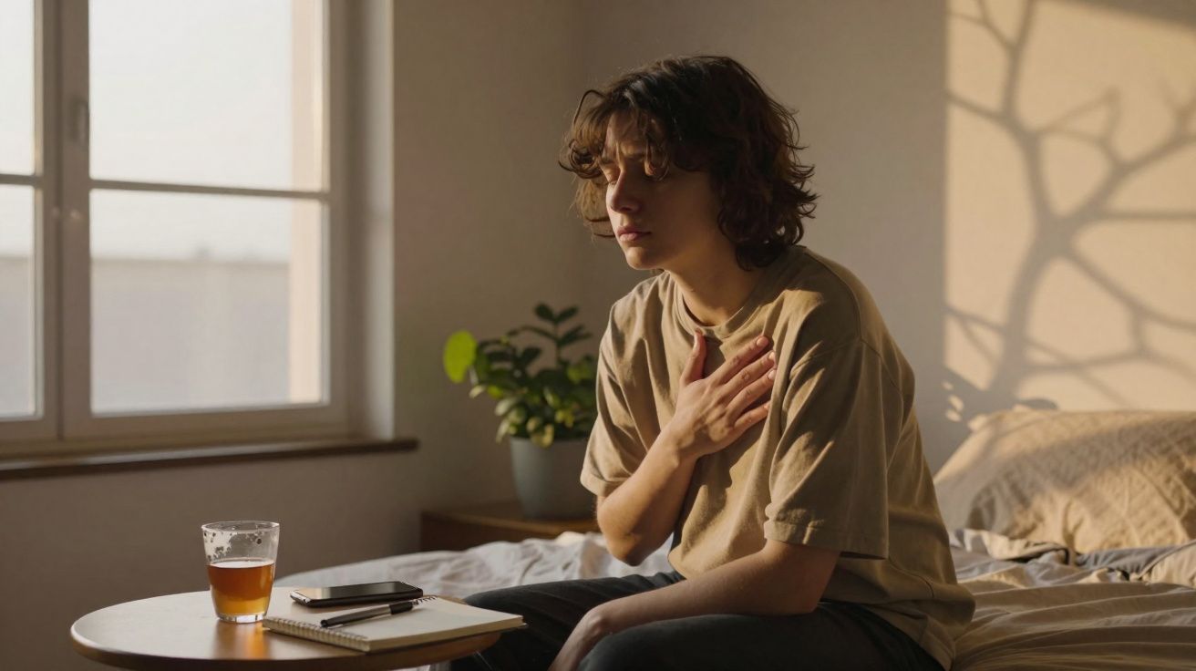Pessoa sentada na cama com mão no peito, expressão de desconforto, perto de mesa com chá, caderno e telemóvel.