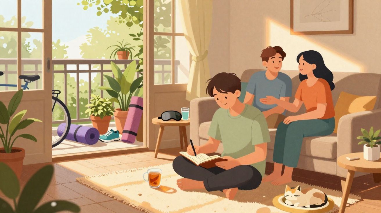 Três pessoas relaxam numa sala iluminada com plantas, gato, bicicleta e acessórios de yoga na varanda.