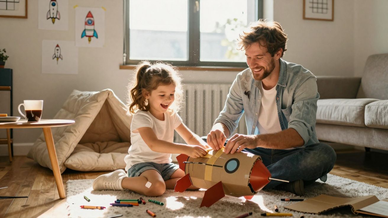 Pai e filha a construir um foguetão de cartão no chão da sala, rodeados de lápis de cor e brinquedos.