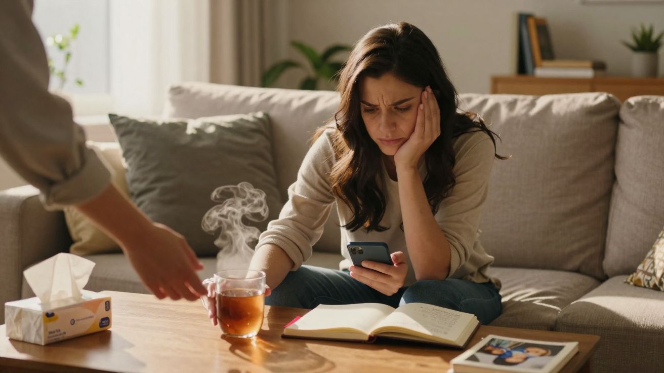 Mulher preocupada sentada no sofá com chá quente, livro aberto e olhar atento ao telemóvel.