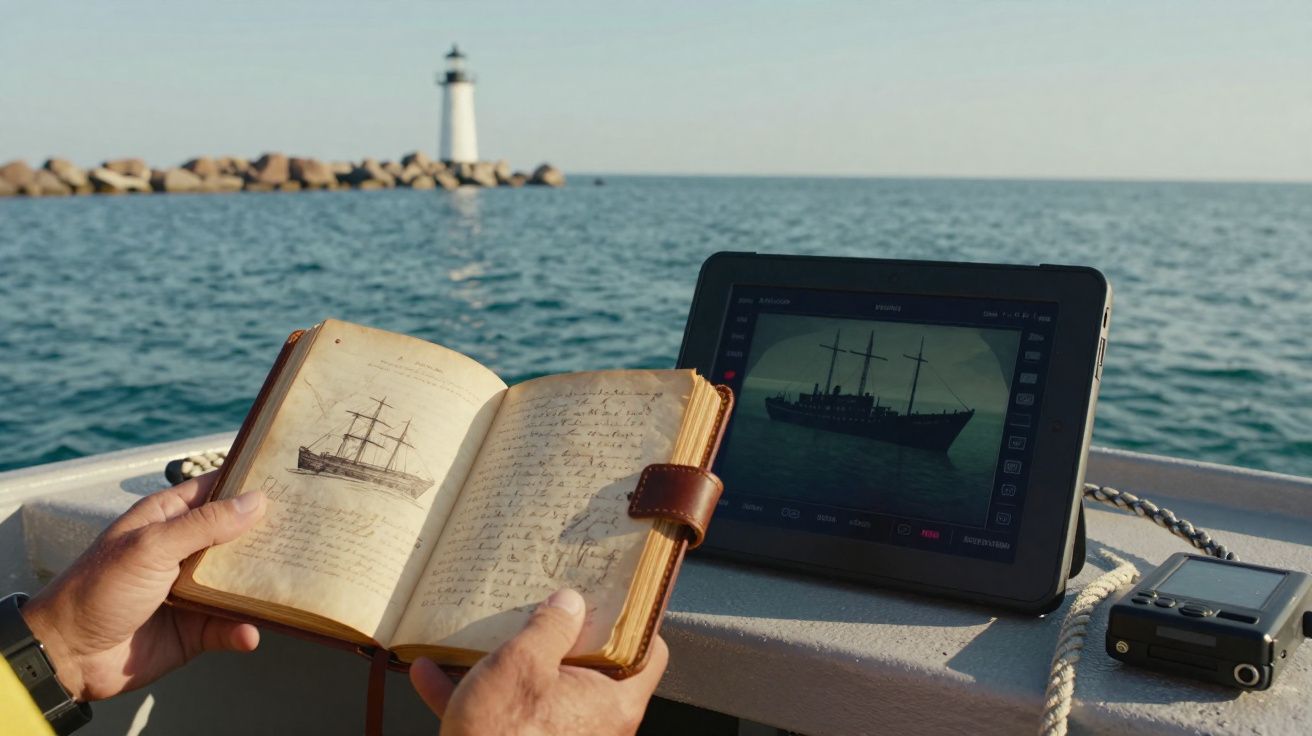 Pessoa a ler diário antigo com desenho de navio, tablet com imagem de navio e farol no mar ao fundo.
