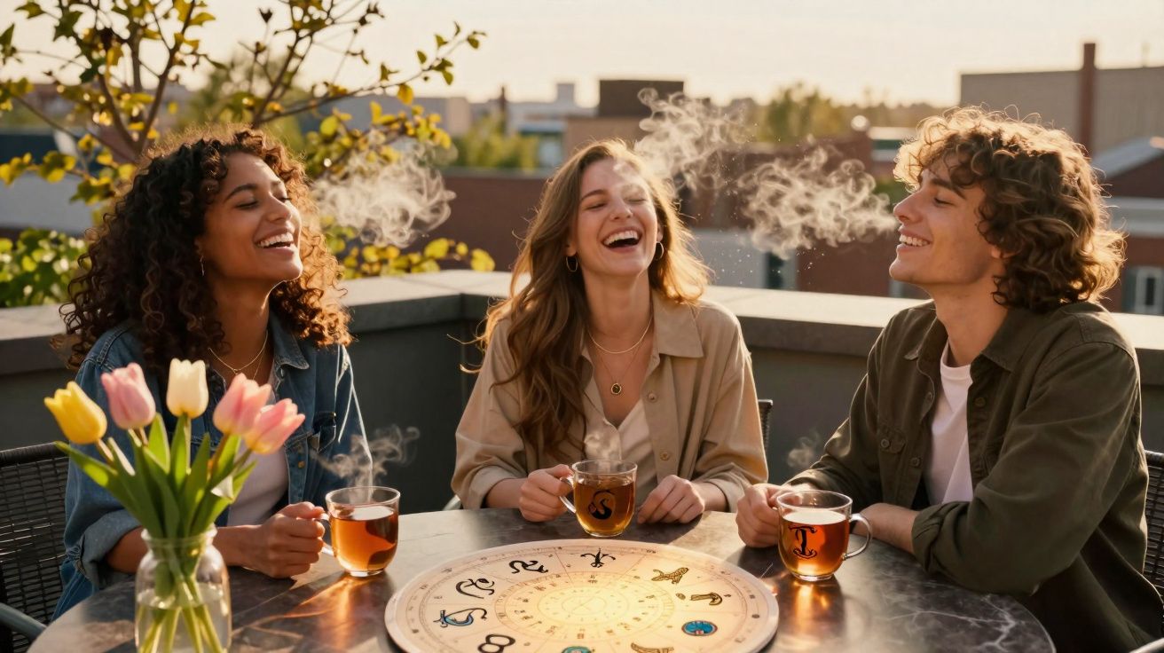 Três jovens a sorrir e a beber chá quente numa mesa exterior com um tabuleiro de signos do zodíaco.