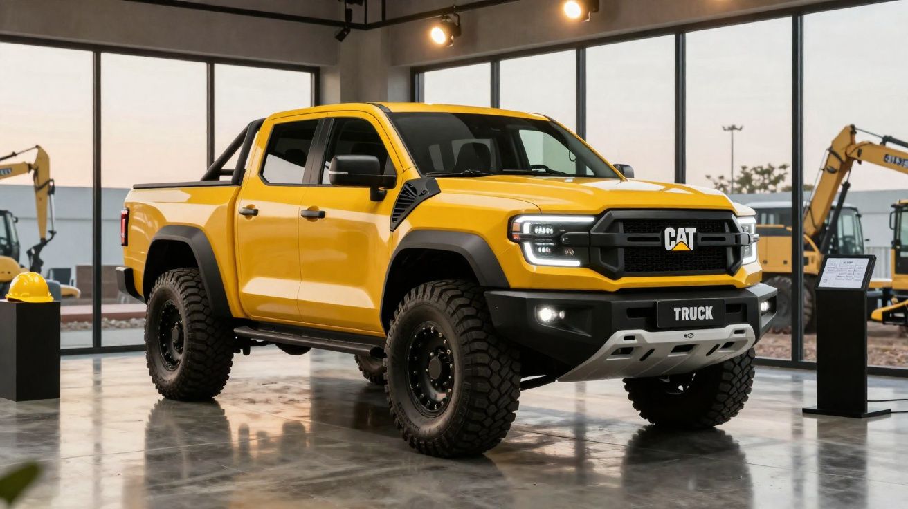 Pick-up amarela Cat com grandes pneus, exibida num showroom com janelas amplas e máquinas de construção ao fundo.