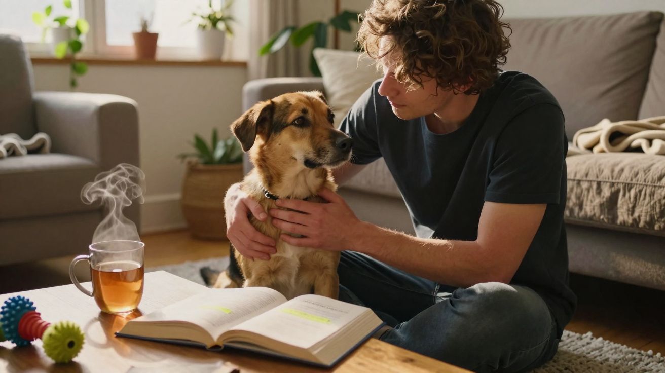 Jovem sentado no chão da sala a fazer carinho num cão ao lado de um livro aberto e chá quente na mesa.