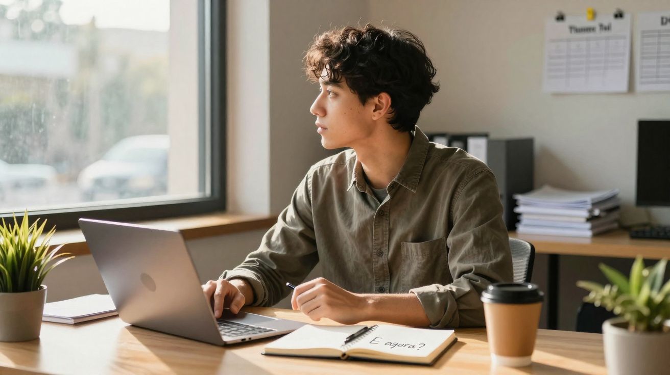 Jovem sentado numa secretária com computador portátil a olhar pela janela, com caderno aberto e café.