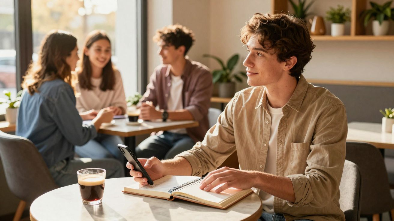 Jovem sentado num café com caderno e telemóvel, enquanto três pessoas conversam ao fundo numa mesa.