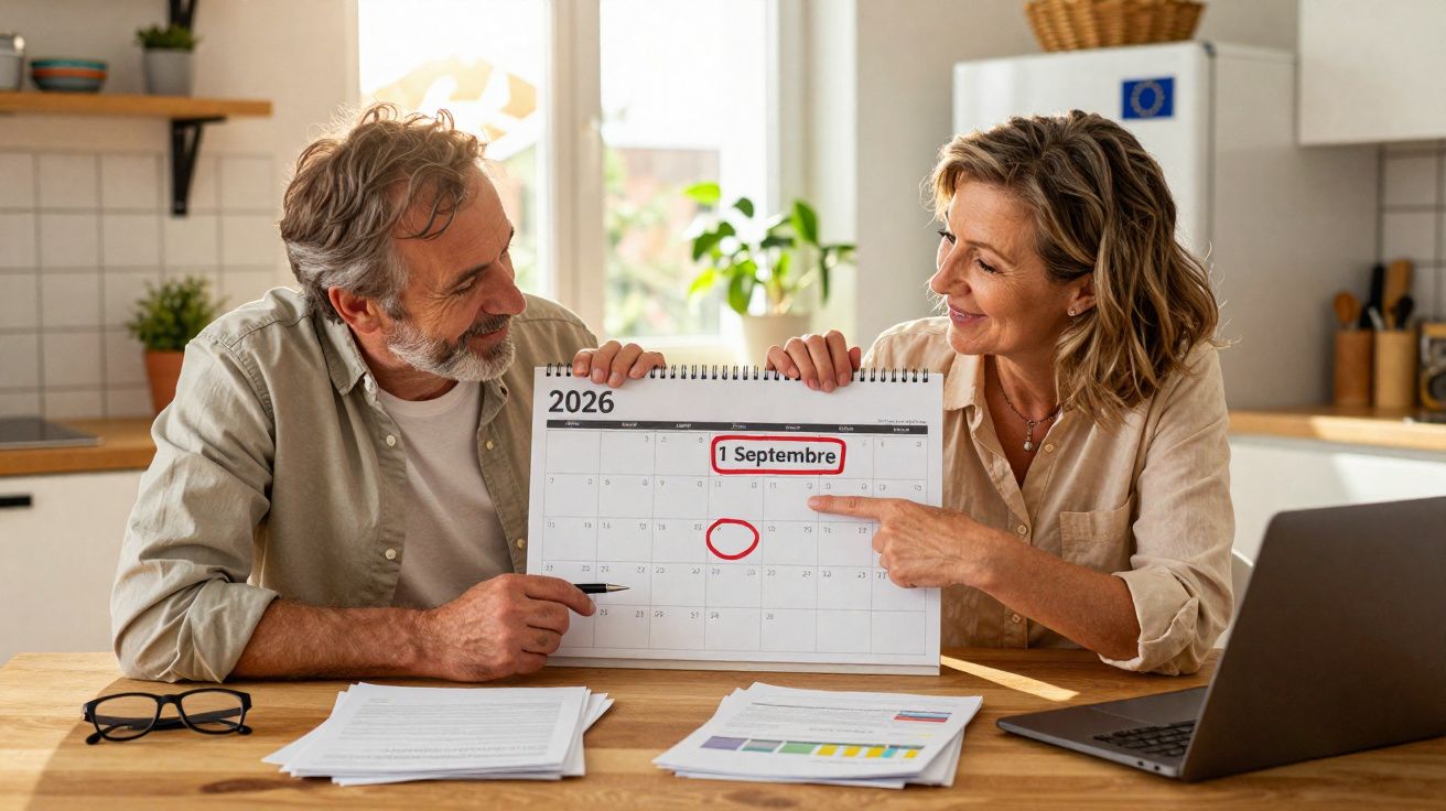 Casal maduro sentado à mesa a apontar e sorrir para o calendário com data marcada a 1 de setembro de 2026.