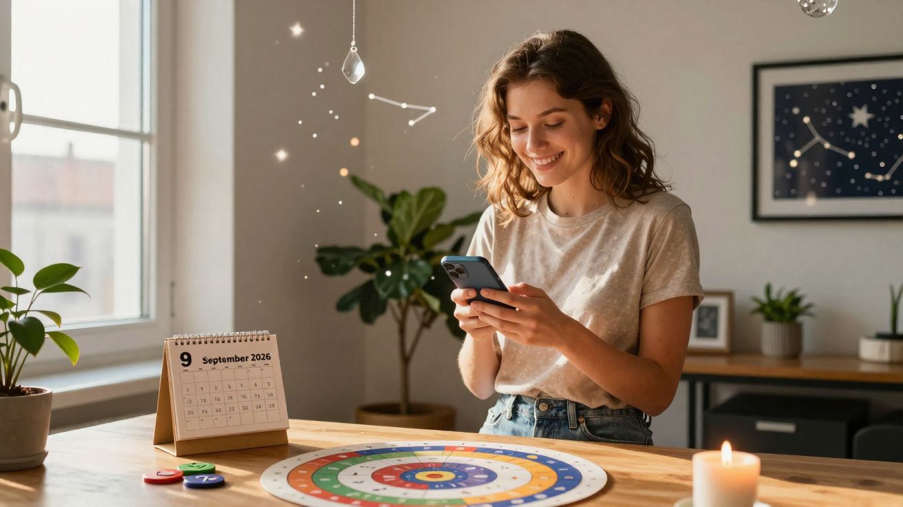 Mulher sorridente usa telemóvel numa mesa com calendário, velas, plantas e cartas coloridas em ambiente luminoso.