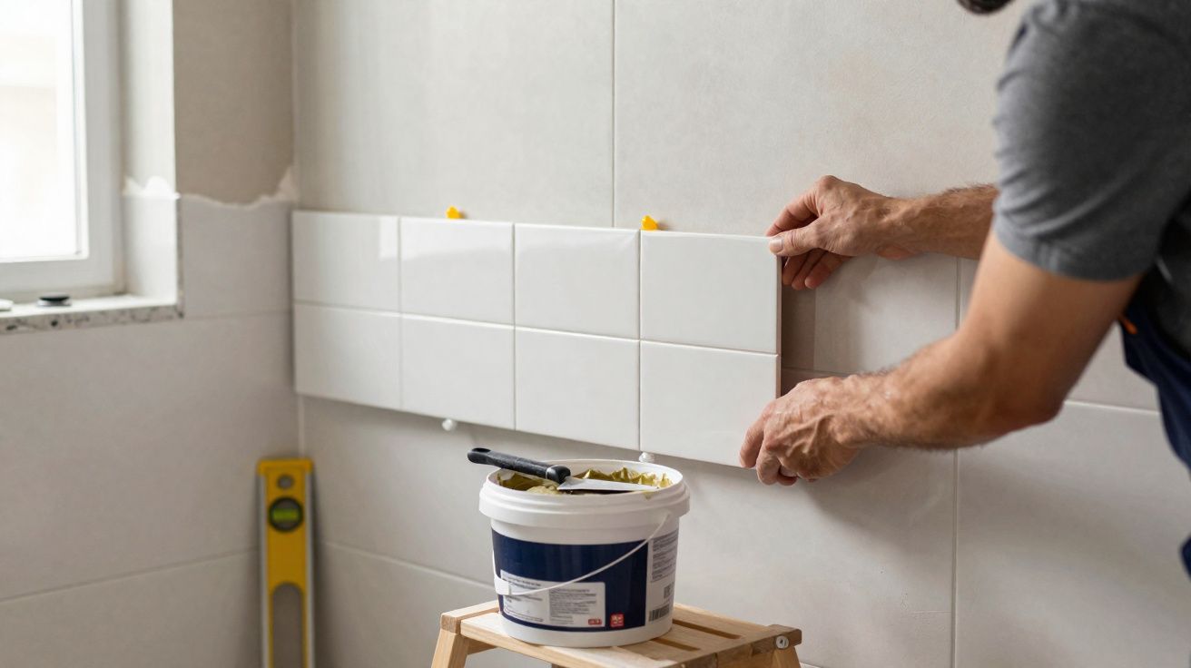 Pessoa a instalar azulejos brancos numa parede interior junto a janela com balde de argamassa e nível de bolha.