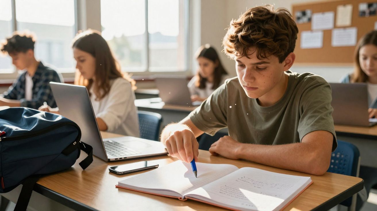Estudantes sentados em sala de aula atentos, um rapaz escreve num caderno enquanto usa laptop.