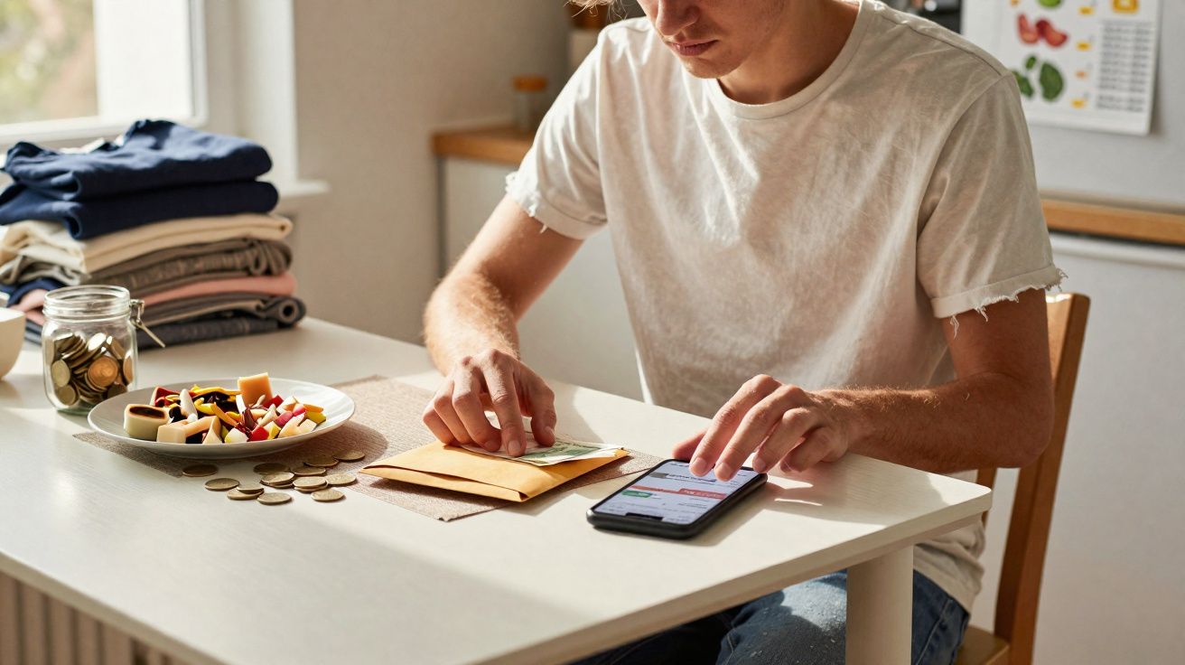 Pessoa sentada a contar dinheiro e a usar telemóvel numa mesa com moedas, notas, roupas dobradas e doce.
