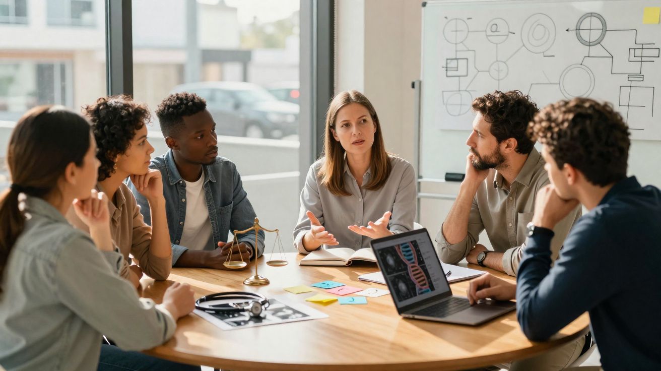 Grupo de seis pessoas a discutir ideias numa reunião informal junto a uma mesa redonda com laptop e notas.