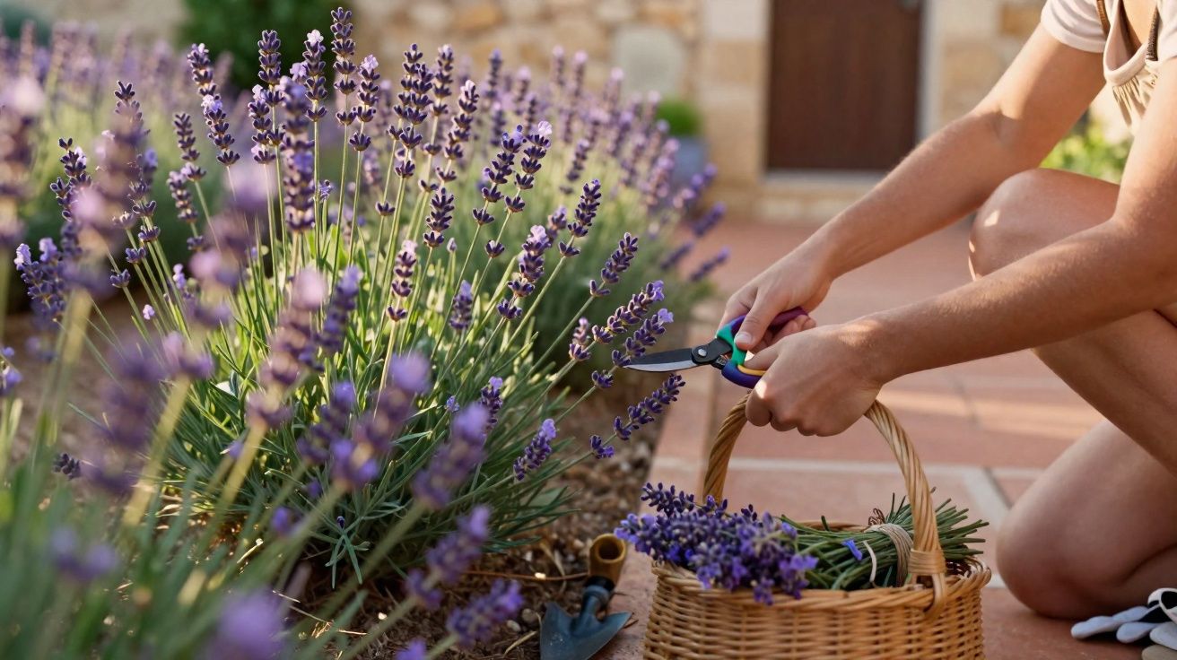 Pessoa a cortar flores de lavanda com tesoura de poda junto a cesta de vime cheia de ramos.
