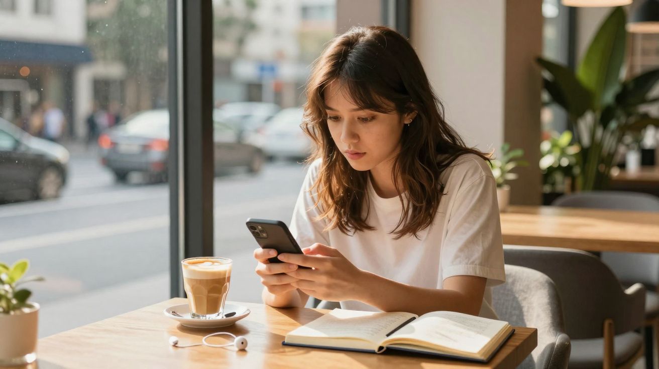 Mulher sentada num café a olhar para o telemóvel com caderno aberto e café na mesa.