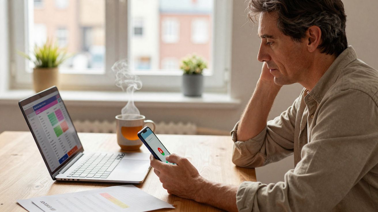 Homem sentado à mesa a atender uma chamada no telemóvel com computador portátil e chá quente à frente.