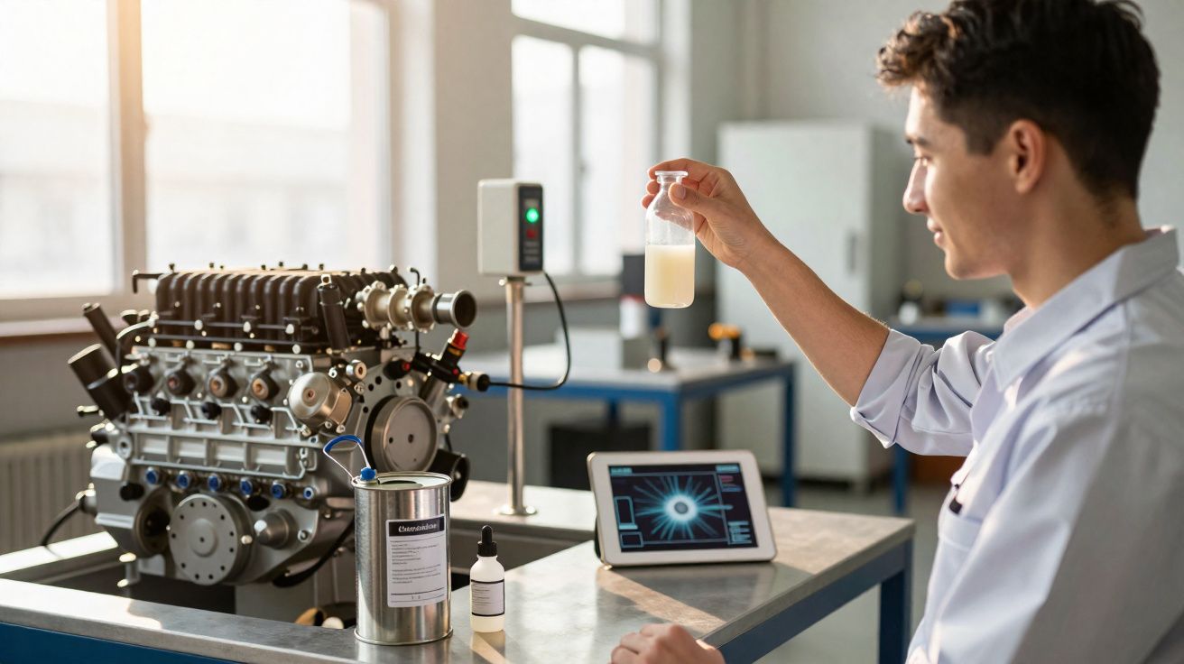 Homem com bata de laboratório analisa líquido amarelo perto de motor e ecrã digital num laboratório.