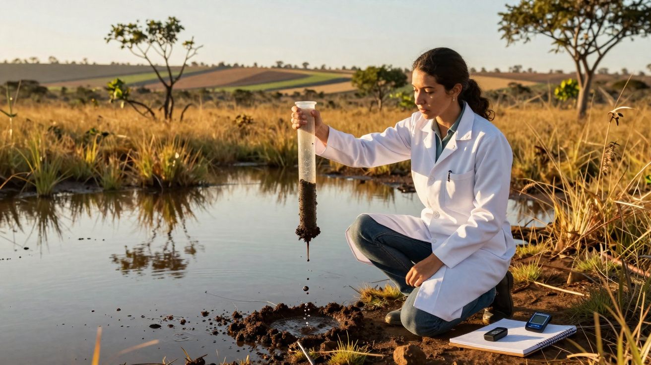 Mulher cientista de bata branca analisa amostra de solo junto a lagoa num campo aberto ao pôr do sol.