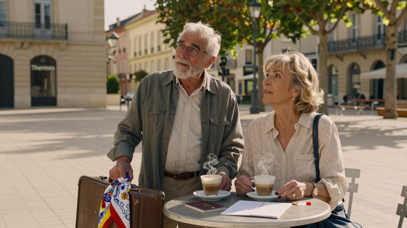 Casal sénior com malas e café num café ao ar livre, numa praça com árvores e edifícios antigos.