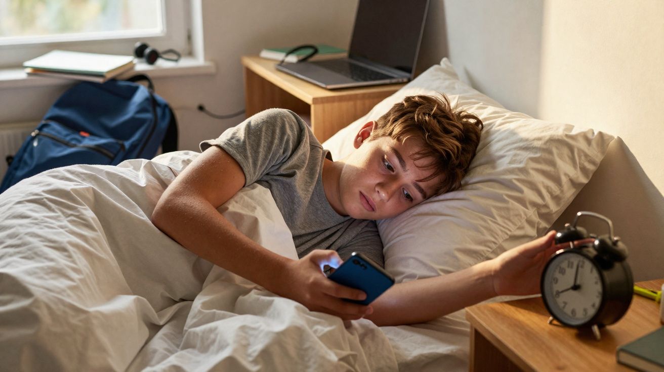 Adolescente deitado na cama a olhar para o telemóvel enquanto apanha um despertador numa mesa de cabeceira.