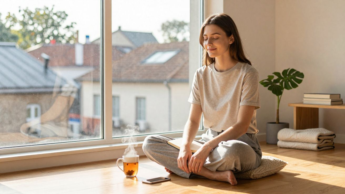 Mulher sentada no chão a meditar junto à janela com chá quente e telemóvel ao lado.