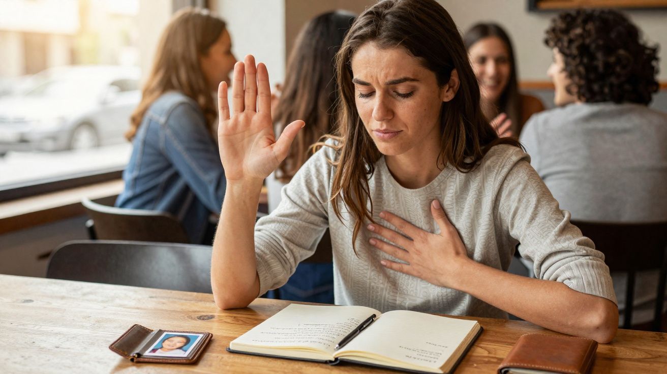 Mulher com expressão de dor a segurar o peito e levantar a mão sentada numa mesa com caderno aberto.