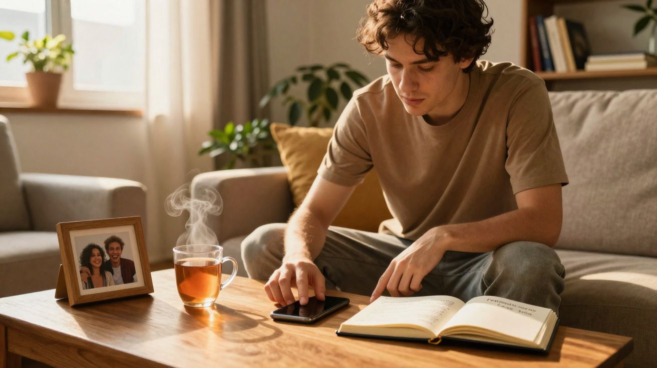 Jovem sentado no sofá a estudar com livro aberto, a usar o telemóvel, chá quente e foto em moldura na mesa.