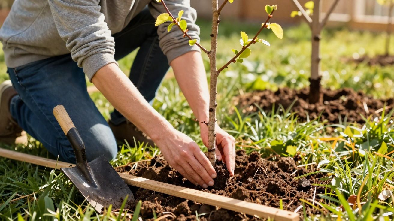 Pessoa a plantar uma jovem árvore numa área de relva com uma pá ao lado, em dia ensolarado.
