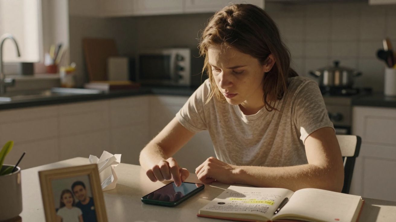 Jovem sentada à mesa na cozinha, focada no telemóvel e com livros abertos à sua frente.