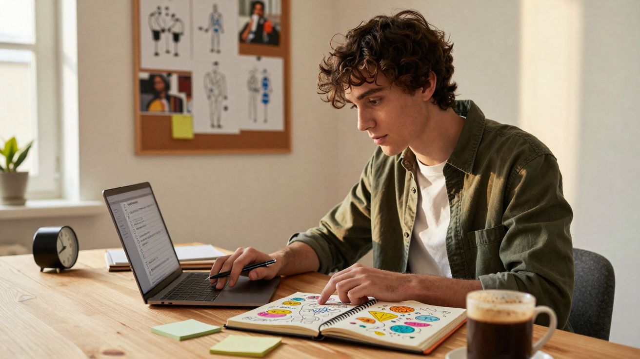 Jovem a trabalhar num desenho criativo num caderno, com portátil e café numa mesa de madeira.
