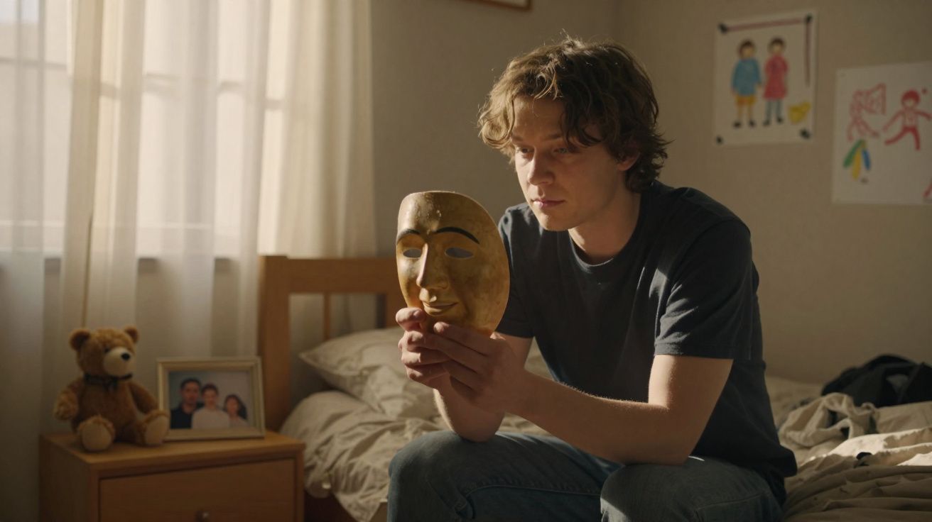 Jovem sentado na cama a olhar pensativo para uma máscara dourada numa divisão iluminada pela luz natural.