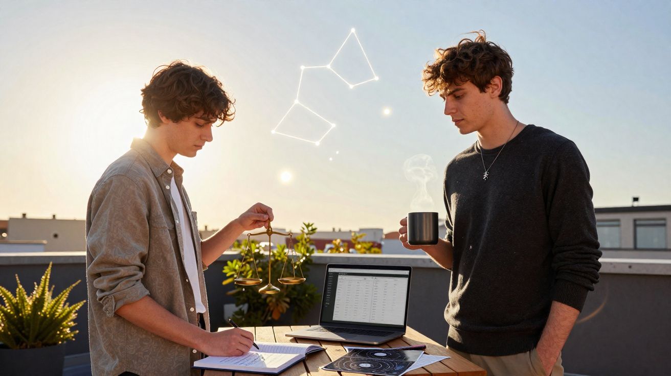 Dois jovens a analisar documentos e dados num terraço ao pôr do sol, com constelação projetada no céu.