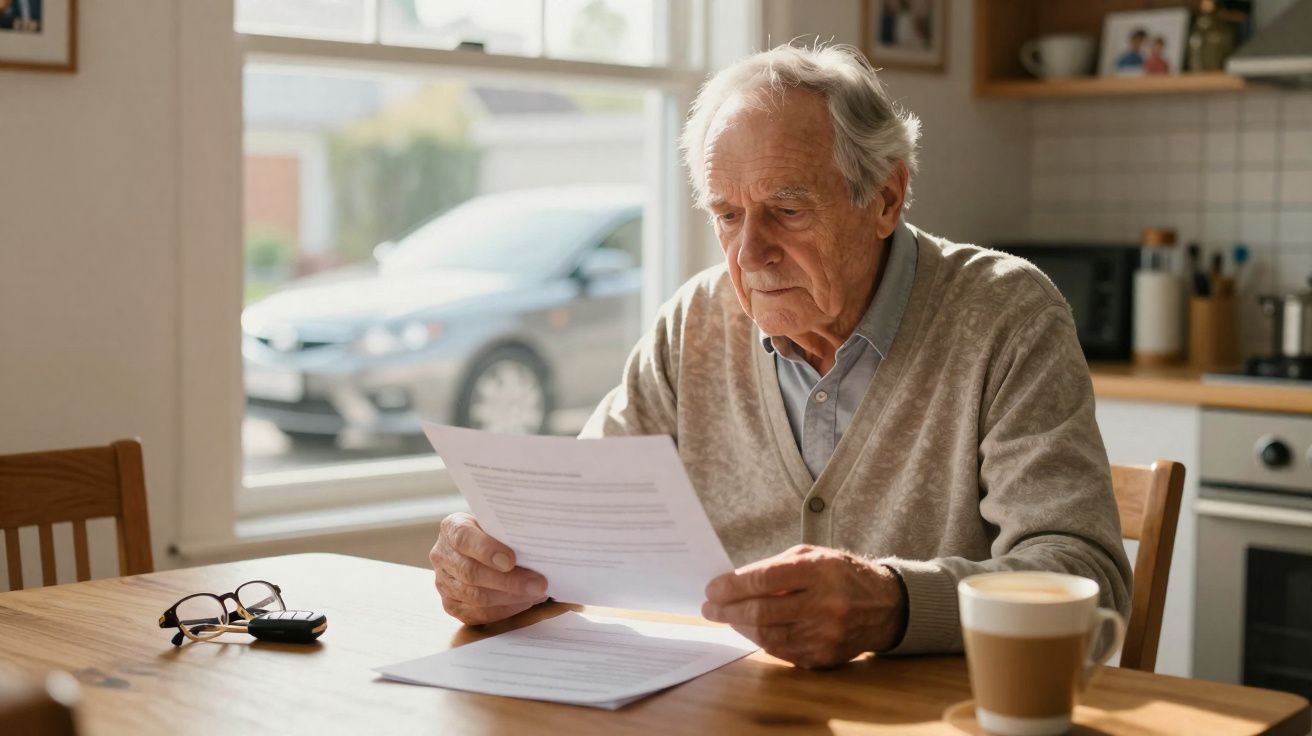 Idoso sentado a uma mesa a ler documentos, com um café e óculos ao lado, numa cozinha iluminada.