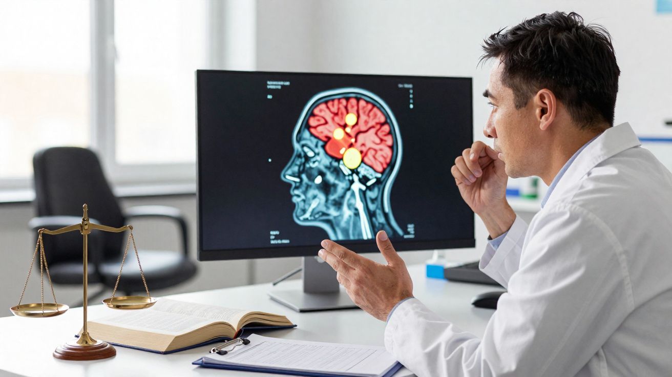 Médico analisa imagem de ressonância magnética do cérebro num écran, com livro e balança na secretária.