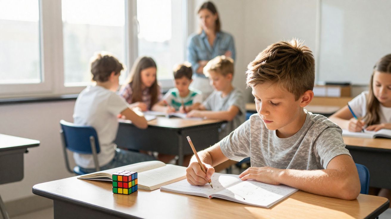 Crianças a fazerem atividades escolares numa sala de aula iluminada com professora ao fundo.
