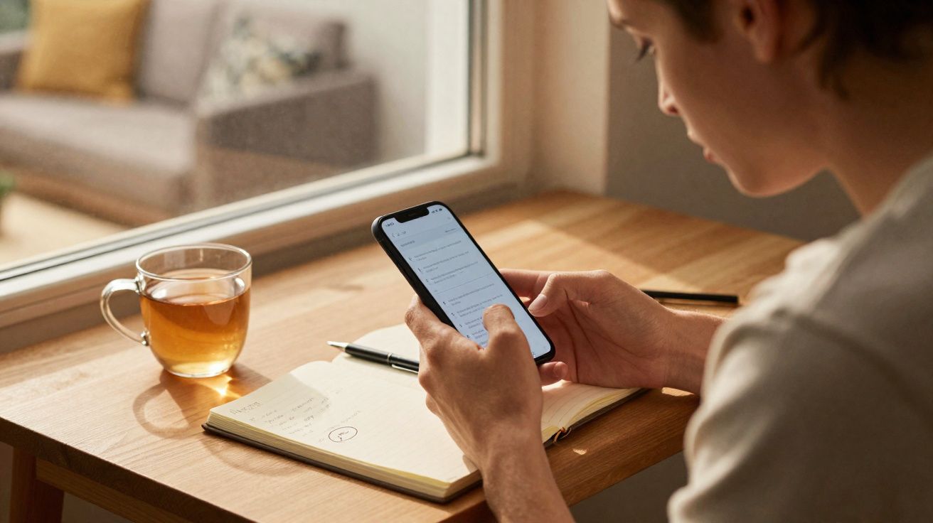 Pessoa a usar telemóvel junto a uma mesa com caderno aberto, caneta e chá numa chávena transparente.