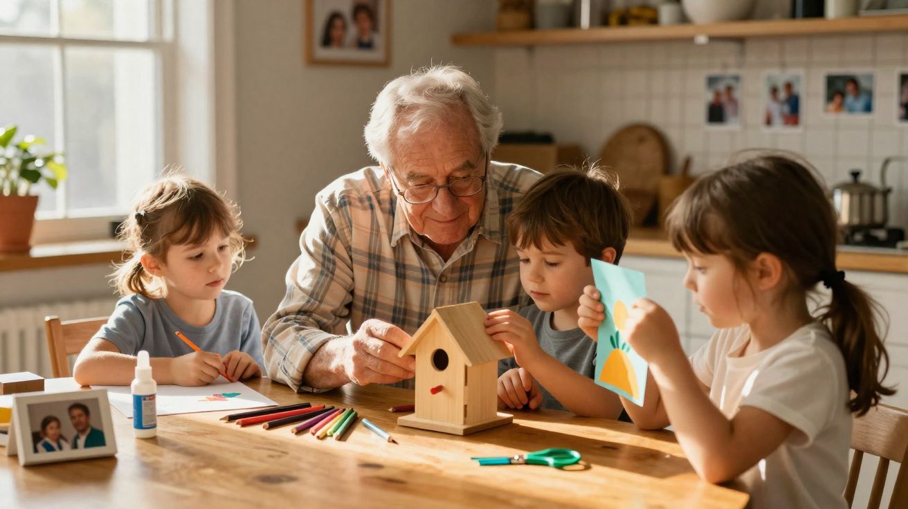Avô e três netos fazem atividades manuais com madeira e desenho à volta de uma mesa na cozinha.