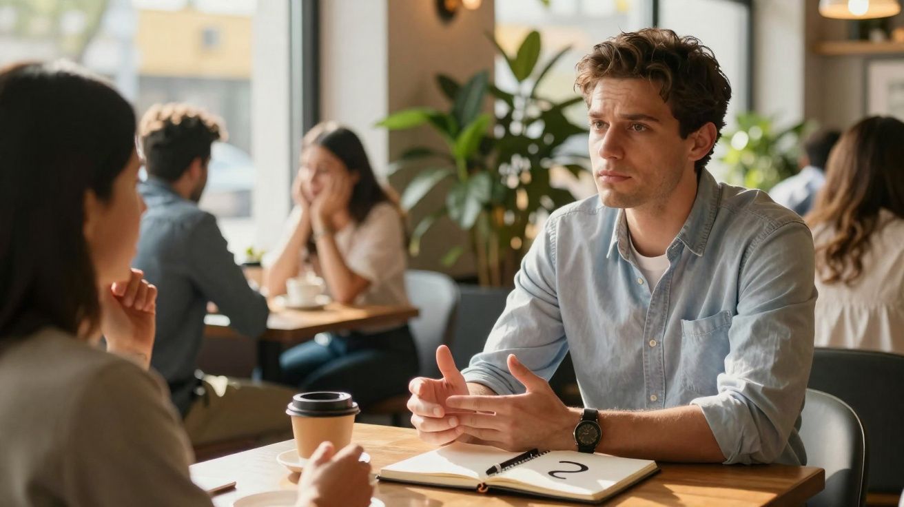 Jovem homem e mulher conversam numa cafetaria, com cadernos e café na mesa.