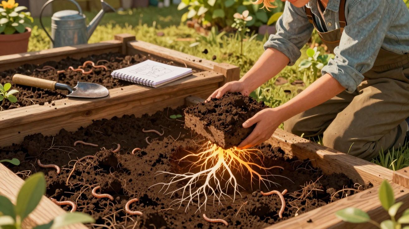 Pessoa a segurar um bloco de terra com raízes luminosas, em canteiro cheio de minhocas e terra fofa.