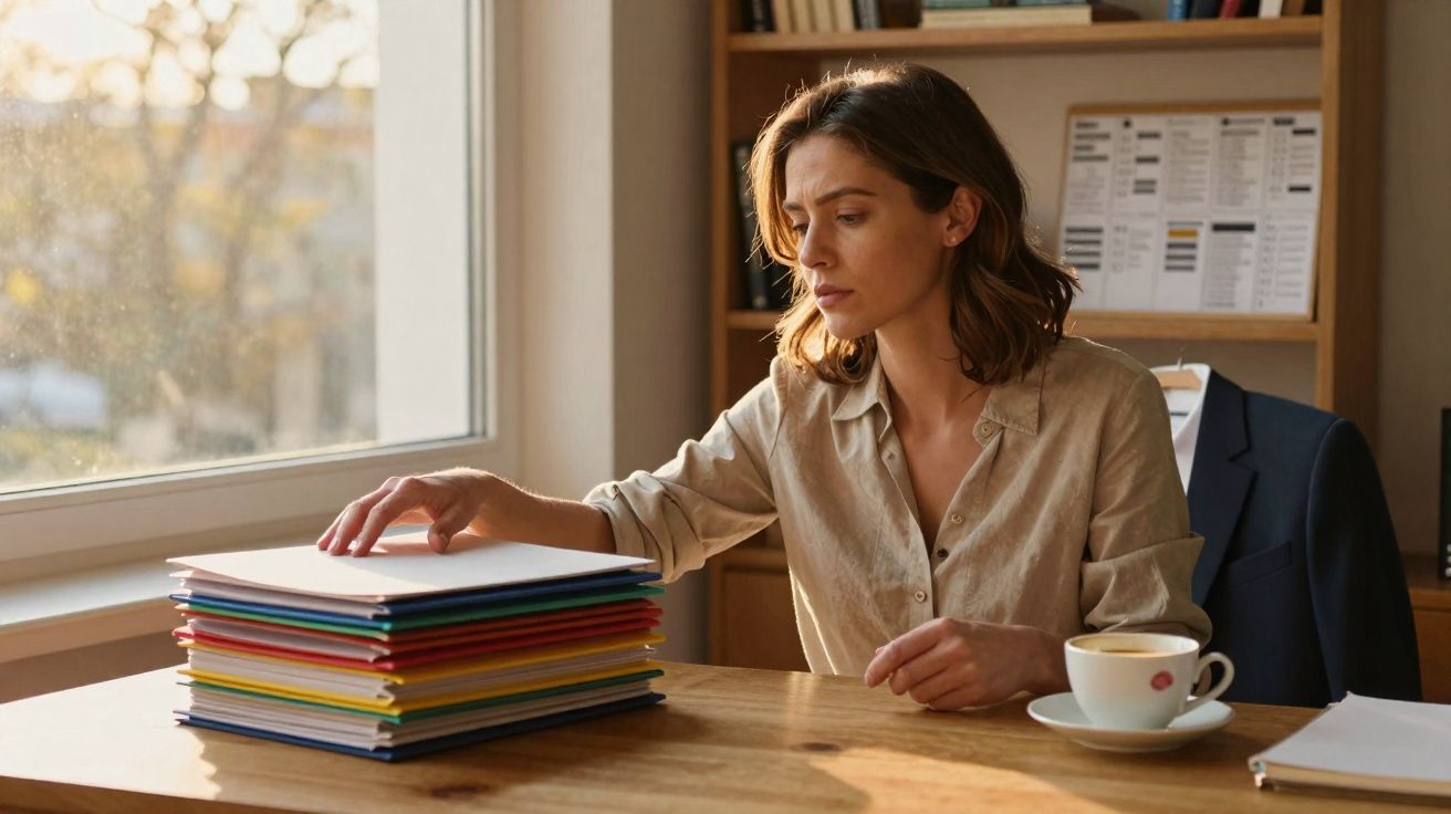Mulher sentada à mesa com pilha de pastas coloridas e chávena de café, num escritório junto à janela.