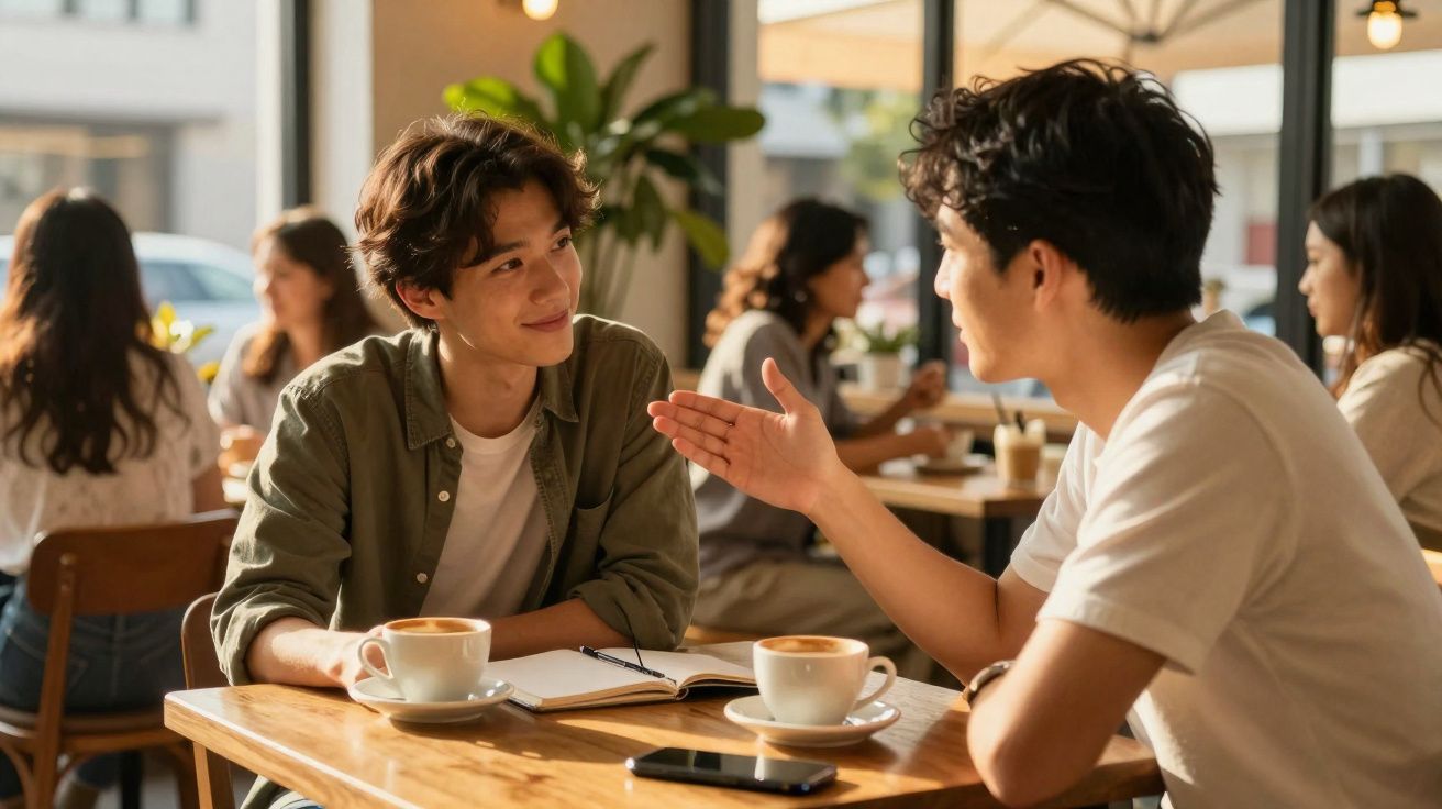 Dois jovens conversam animadamente numa cafetaria com café e caderno à sua frente.