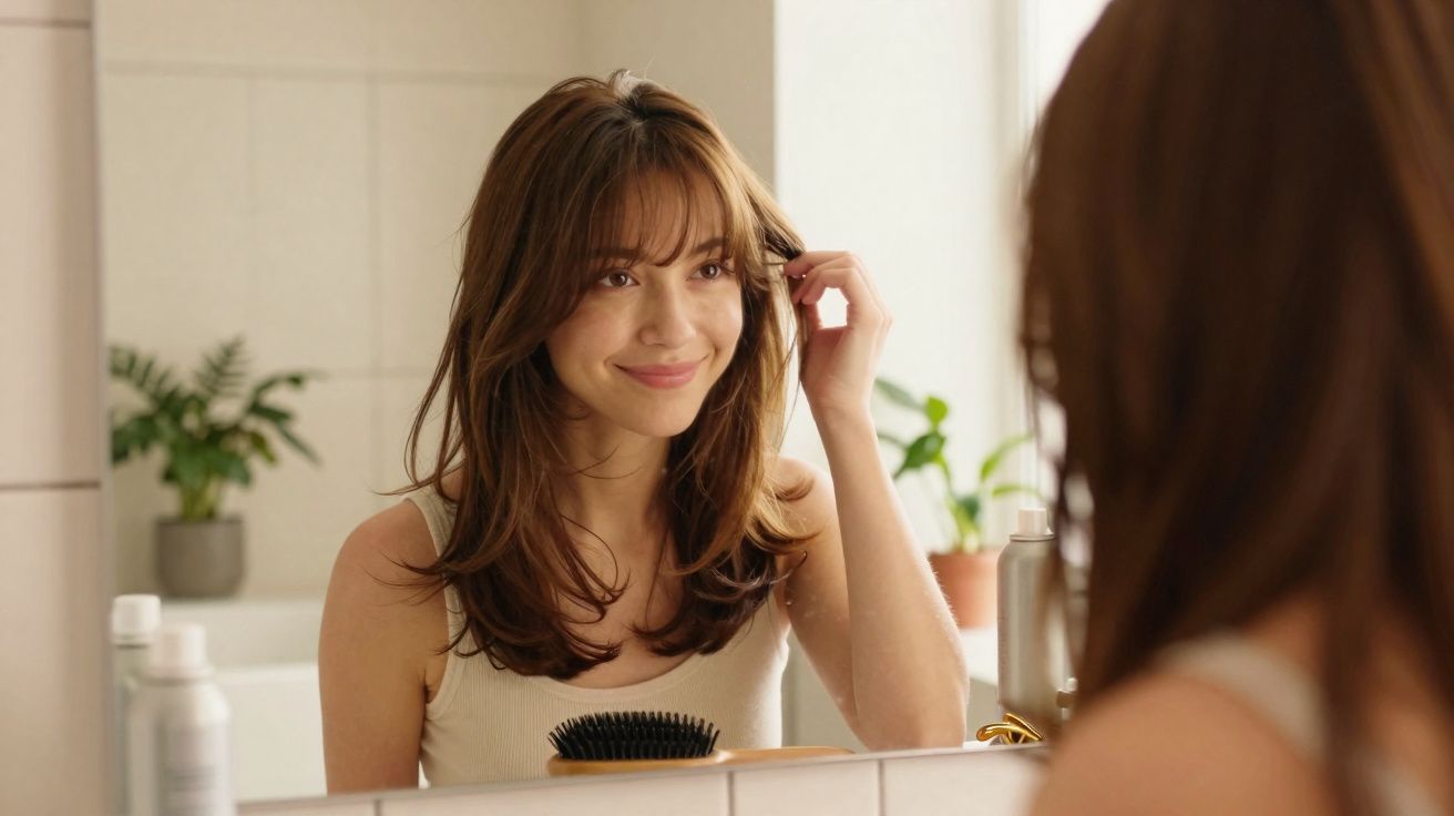 Mulher sorridente a arrumar o cabelo enquanto se olha ao espelho numa casa de banho iluminada.