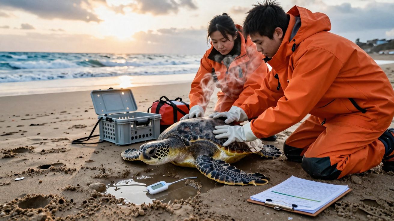Dois investigadores a examinar uma tartaruga marinha numa praia ao pôr do sol, com equipamento científico.