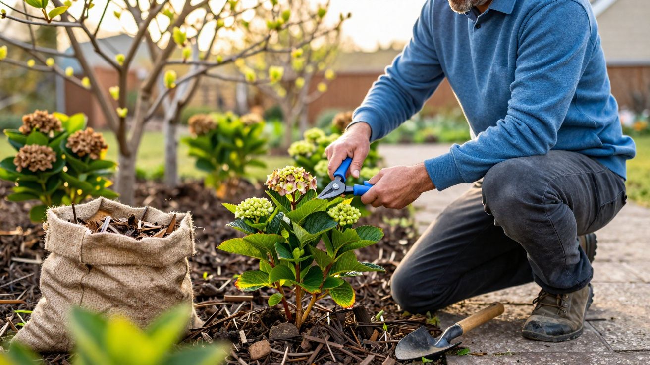 Homem a podar flores num jardim, com saco de ervas e colher de jardim ao lado, em ambiente exterior.