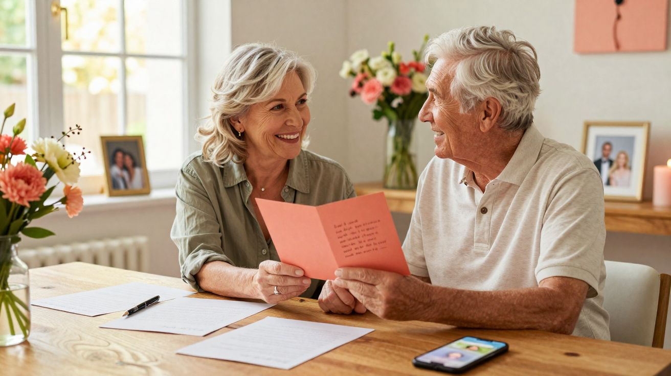 Casal sénior sentado à mesa, sorrindo e lendo um cartão cor-de-rosa numa sala com flores.