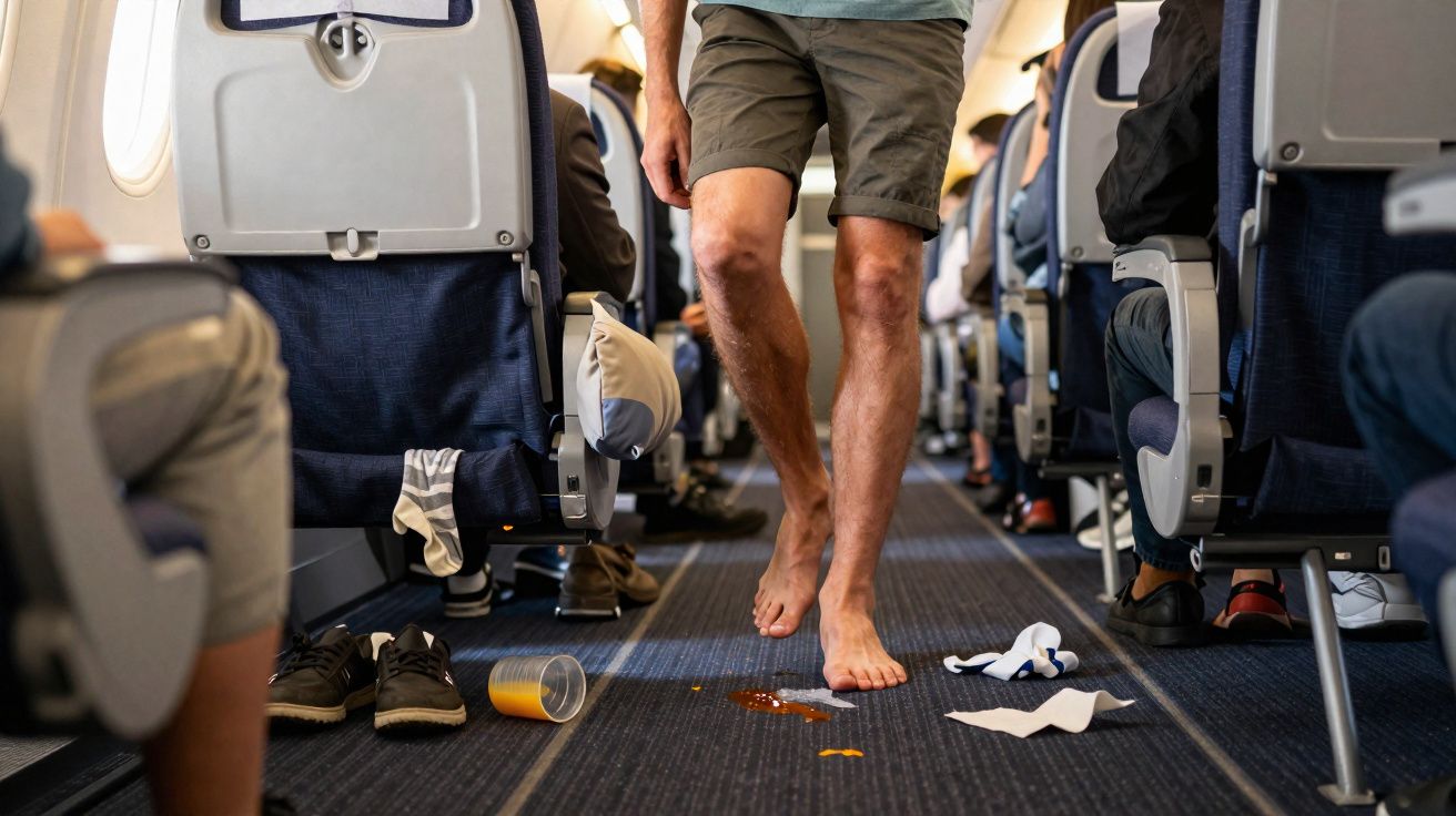 Pessoas num avião com um homem descalço a caminhar pelo corredor junto a copo de sumo derramado e lixo no chão.