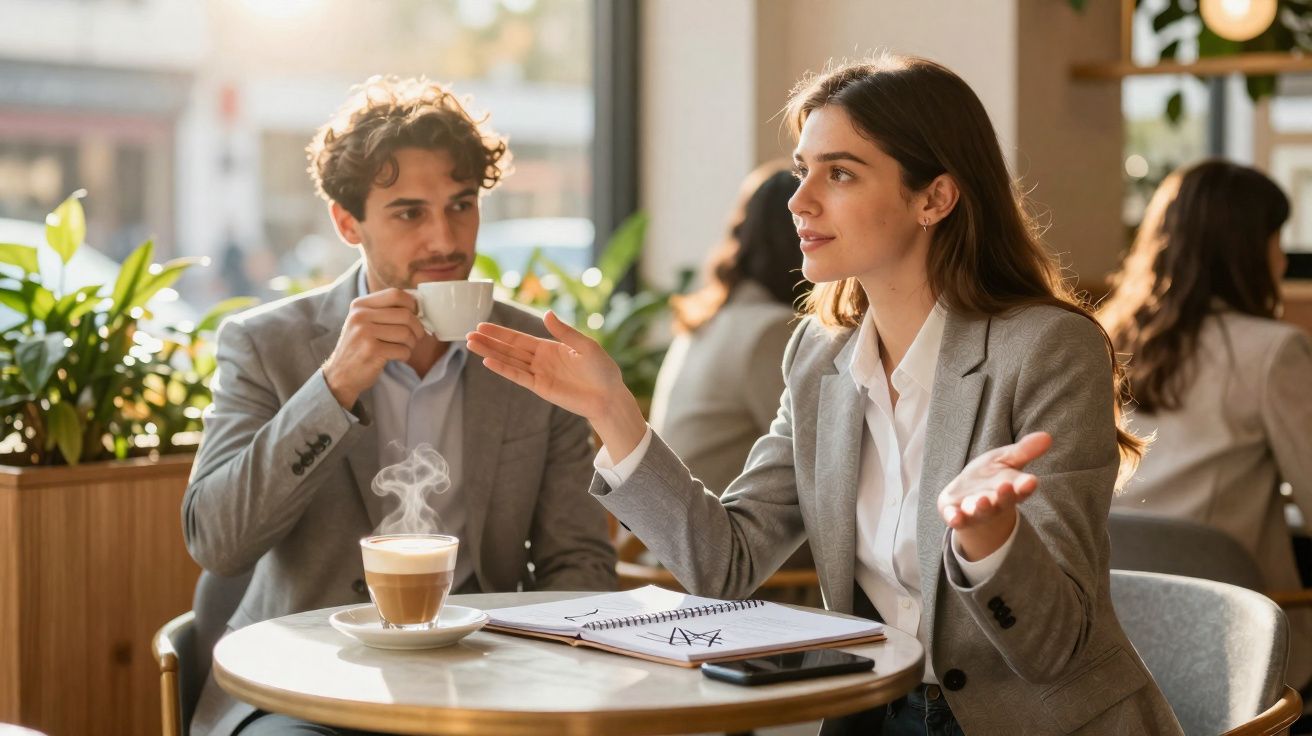 Duas pessoas em traje formal conversam num café, com café quente e caderno à frente na mesa.