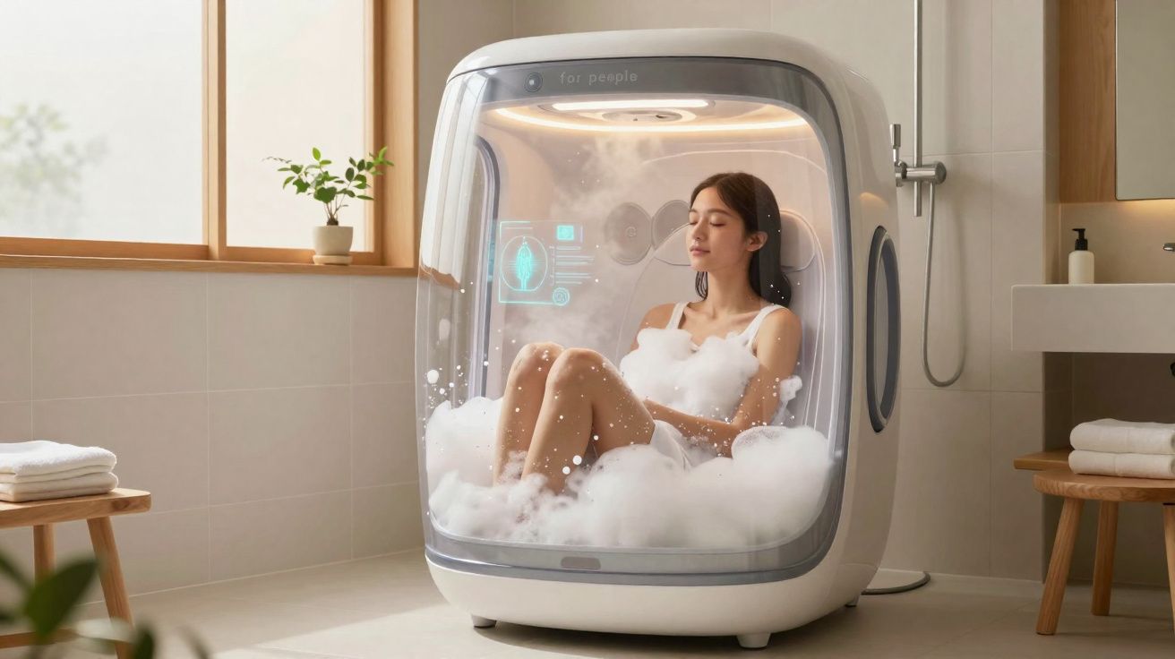 Mulher relaxa em cápsula futurista de banho de bolhas numa casa de banho moderna e luminosa.