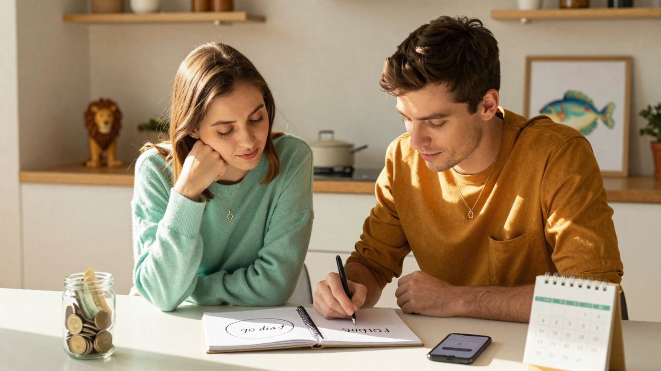 Casal jovem sentado à mesa a planear finanças com caderno, calendário e frasco com moedas à frente.