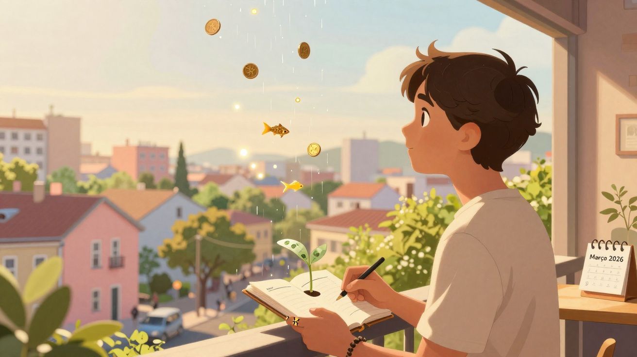 Jovem desenha em caderno numa varanda, com moedas e peixes dourados a flutuar no ar ao entardecer.