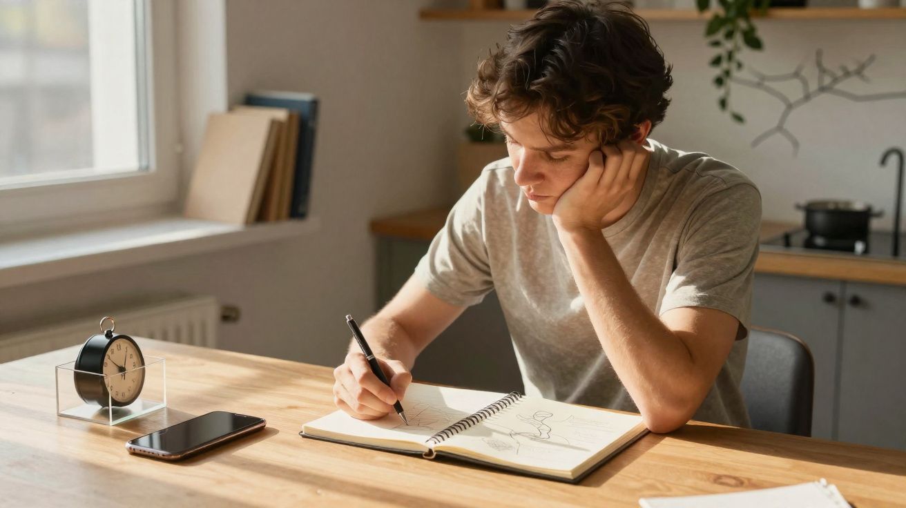 Jovem sentado a desenhar num caderno, com relógio e telemóvel numa mesa de madeira iluminada pela luz natural.